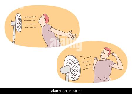 Suffering from heat concept. Young smiling boy cartoon character standing and catching air flows and fresh wind from electrical fan in room indoors ve Stock Vector