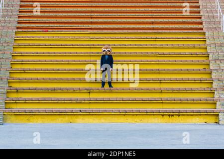 Homme d'affaires en costume noir avec masque de meerkat debout sur les escaliers Banque D'Images