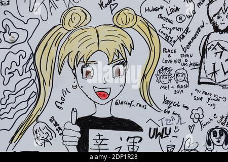 Dessins et messages d'Anime laissés par les visiteurs au Japan Matsuri Festival, Trafalgar Square, Londres, Royaume-Uni Banque D'Images