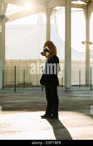 Homme d'affaires en costume noir avec masque meerkat debout à contre-jour, Barcelone, Espagne Banque D'Images