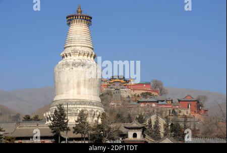 Wutaishan, province du Shanxi en Chine. Vue sur le temple de Tayuan et la Grande Pagode blanche (Dabaita) avec Pusading (Sommet de Bodhisattva) derrière. Banque D'Images