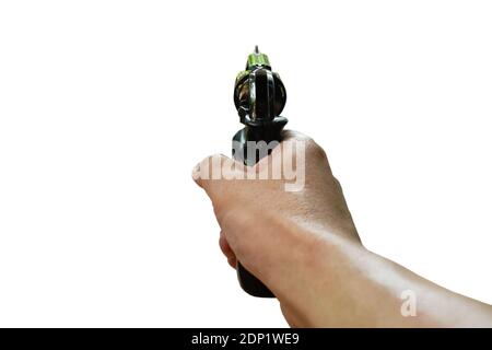 le pistolet revolver à main a pour but de tirer sur fond blanc Banque D'Images