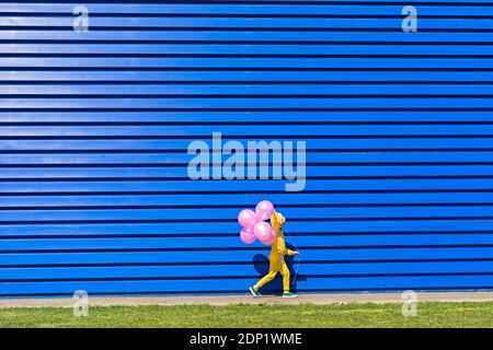 Petite fille avec des ballons roses portant un survêtement jaune marchant dans avant de l'arrière-plan bleu Banque D'Images