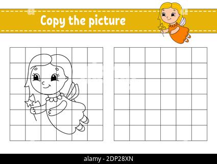 Copy the picture. Coloring book pages for kids. Education developing worksheet. Game for children. Handwriting practice. Funny character. Cute cartoon Stock Vector