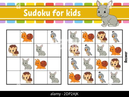 Sudoku pour enfants. Feuille de travail de développement de l'éducation. Page d'activité avec photos. Jeu de puzzle pour enfants et tout-petits. Formation à la pensée logique. Isoler Illustration de Vecteur