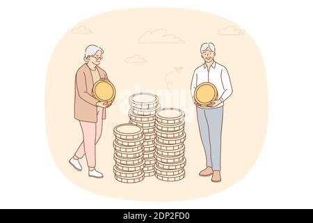 Concept d'économie d'argent, de finances et de budget. Des personnages de dessin animé de couple de retraités âgés mettant des pièces dans des piles pour économiser. Collecte d'argent, affaires, ea Illustration de Vecteur