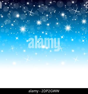 Falling snow blue christmas background. Winter vector illustration for backdrop or christmas card. Design template with glowing stars and snowfall. Se Stock Vector