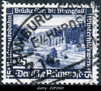 GERMANY - CIRCA 1936: Postage stamp printed in Germany, issue Winter relief, shown a Mangfall Motorway Bridge, circa 1936 Stock Photo