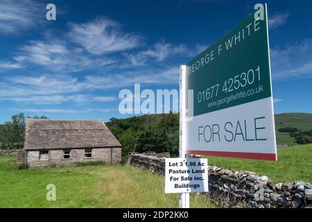 A vendre signe sur petit pâturage et bâtiment dans le Yorkshire Dales, idéal pour la conversion de grange. North Yorkshire, Royaume-Uni. Banque D'Images