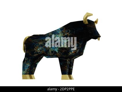 Horoscope Fractal noir Bull isolé sur blanc, symbole de la nouvelle année 2021, rendu 3d Banque D'Images
