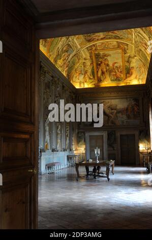 A view of the gallery of Carracci, with the frescoes 'The Loves of the Gods' by Annibale and Agostino Carracci at Palazzo Farnese in Rome , Italy on february 2014. Palazzo Farnese, which currently houses the French embassy is the most monumental of Roman Renaissance palaces, in Rome, Italy. First designed in 1517 for the Farnese family, the palace building expanded in size and conception when Alessandro Farnese became Pope Paul III in 1534. Its building history involved some of the most prominent Italian architects of the 16th century.After the extinction of the Farnese family it passed by inh Stock Photo