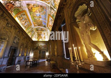 A view of the gallery of Carracci, with the frescoes 'The Loves of the Gods' by Annibale and Agostino Carracci at Palazzo Farnese in Rome , Italy on february 2014. Palazzo Farnese, which currently houses the French embassy is the most monumental of Roman Renaissance palaces, in Rome, Italy. First designed in 1517 for the Farnese family, the palace building expanded in size and conception when Alessandro Farnese became Pope Paul III in 1534. Its building history involved some of the most prominent Italian architects of the 16th century.After the extinction of the Farnese family it passed by inh Stock Photo