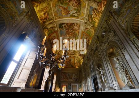 A view of the gallery of Carracci, with the frescoes 'The Loves of the Gods' by Annibale and Agostino Carracci at Palazzo Farnese in Rome , Italy on february 2014. Palazzo Farnese, which currently houses the French embassy is the most monumental of Roman Renaissance palaces, in Rome, Italy. First designed in 1517 for the Farnese family, the palace building expanded in size and conception when Alessandro Farnese became Pope Paul III in 1534. Its building history involved some of the most prominent Italian architects of the 16th century.After the extinction of the Farnese family it passed by inh Stock Photo