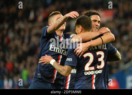 La joie de Paris Saint-Germain lors du match de football français L1 entre Paris Saint-Germain et FC Metz le 28 2015 avril au Parc des Princes à Paris, France. Photo de Christian Liewig/ABACAPRESS.COM Banque D'Images