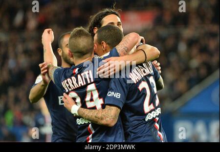 La joie de Paris Saint-Germain lors du match de football français L1 entre Paris Saint-Germain et FC Metz le 28 2015 avril au Parc des Princes à Paris, France. Photo de Christian Liewig/ABACAPRESS.COM Banque D'Images