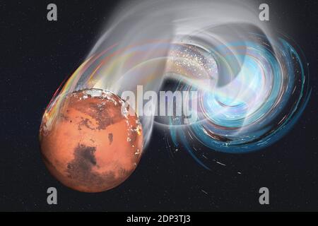 Le trou noir consomme la planète Mars quelque part dans l'espace profond avec de la poussière cosmique. Illustration de rendu 3D. Des éléments de cette image ont été fournis par la NASA Banque D'Images