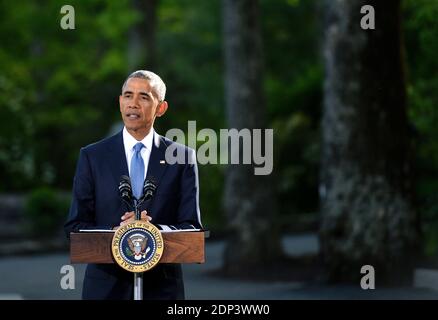 President Barack Obama speaks to reporters following the Gulf Cooperation Council-U.S. summit at Camp David, MD, USA on May 14, 2015. Obama hosted leaders from Saudi Arabia, Kuwait, Bahrain, Qatar, the United Arab Emirates and Oman to discuss a range of issues including terrorism and the U.S.-Iran nuclear deal. Photo by Kevin Dietsch/Pool/ABACAPRESS.COM Stock Photo