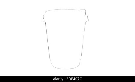 Contour d'une tasse de café en plastique isolée sur un gros plan blanc, illustration d'une tasse de boisson, dessin à l'éclosion au crayon d'une tasse pour boire du café. Banque D'Images