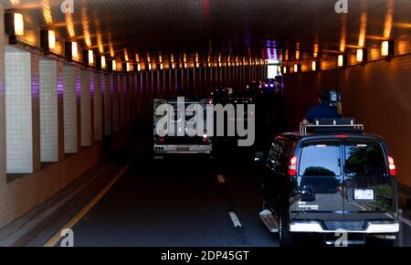 The US presidential motorcade drives to Adas Israel Congregation where US President Barack Obama is going to deliver remarks, on Friday May 22, 2015, in Washington, DC, USA. Photo by Aude Guerruci/iPool/ABACAPRESS.COM Stock Photo