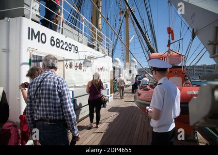 The Russian sailing ship 'Krusenstern' is pictured during a stopover in the port of Toulon, southern France on May 22, 2015. The ship will moor in Toulon between 21 and 23 May 2015 and will be opened to visitors. The Krusenstern or Kruzenshtern is a four-masted barque and tall ship that was built as the Padua (named after the Italian city) in 1926 at Geestemuende in Bremerhaven, Germany. She was surrendered to the USSR in 1946 as war reparation and renamed after the early 19th century Baltic German explorer in Russian service, Adam Johann Krusenstern (1770–1846). She is now a Russian sail trai Stock Photo