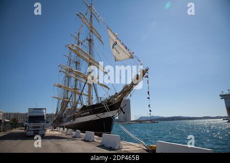 The Russian sailing ship 'Krusenstern' is pictured during a stopover in the port of Toulon, southern France on May 22, 2015. The ship will moor in Toulon between 21 and 23 May 2015 and will be opened to visitors. The Krusenstern or Kruzenshtern is a four-masted barque and tall ship that was built as the Padua (named after the Italian city) in 1926 at Geestemuende in Bremerhaven, Germany. She was surrendered to the USSR in 1946 as war reparation and renamed after the early 19th century Baltic German explorer in Russian service, Adam Johann Krusenstern (1770–1846). She is now a Russian sail trai Stock Photo