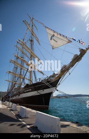 The Russian sailing ship 'Krusenstern' is pictured during a stopover in the port of Toulon, southern France on May 22, 2015. The ship will moor in Toulon between 21 and 23 May 2015 and will be opened to visitors. The Krusenstern or Kruzenshtern is a four-masted barque and tall ship that was built as the Padua (named after the Italian city) in 1926 at Geestemuende in Bremerhaven, Germany. She was surrendered to the USSR in 1946 as war reparation and renamed after the early 19th century Baltic German explorer in Russian service, Adam Johann Krusenstern (1770–1846). She is now a Russian sail trai Stock Photo