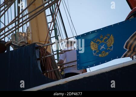 The Russian sailing ship 'Krusenstern' is pictured during a stopover in the port of Toulon, southern France on May 22, 2015. The ship will moor in Toulon between 21 and 23 May 2015 and will be opened to visitors. The Krusenstern or Kruzenshtern is a four-masted barque and tall ship that was built as the Padua (named after the Italian city) in 1926 at Geestemuende in Bremerhaven, Germany. She was surrendered to the USSR in 1946 as war reparation and renamed after the early 19th century Baltic German explorer in Russian service, Adam Johann Krusenstern (1770–1846). She is now a Russian sail trai Stock Photo