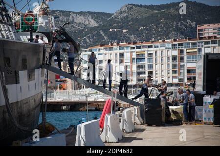 The Russian sailing ship 'Krusenstern' is pictured during a stopover in the port of Toulon, southern France on May 22, 2015. The ship will moor in Toulon between 21 and 23 May 2015 and will be opened to visitors. The Krusenstern or Kruzenshtern is a four-masted barque and tall ship that was built as the Padua (named after the Italian city) in 1926 at Geestemuende in Bremerhaven, Germany. She was surrendered to the USSR in 1946 as war reparation and renamed after the early 19th century Baltic German explorer in Russian service, Adam Johann Krusenstern (1770–1846). She is now a Russian sail trai Stock Photo