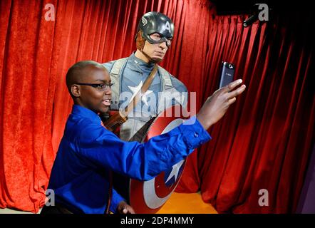 The wax figure of Captain America, portrayed by Chris Evans in the 2011 movie Captain America: The First Avenger is unveil at Madame Tussauds , June 9, 2015 in Washington, DC, USA. The wax figure will be on display on the National Mall for Independance Day. Photo by Olivier Douliery/ABACAPRESS.COM Stock Photo