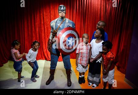 The wax figure of Captain America, portrayed by Chris Evans in the 2011 movie Captain America: The First Avenger is unveil at Madame Tussauds , June 9, 2015 in Washington, DC, USA. The wax figure will be on display on the National Mall for Independance Day. Photo by Olivier Douliery/ABACAPRESS.COM Stock Photo