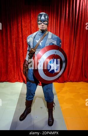 The wax figure of Captain America, portrayed by Chris Evans in the 2011 movie Captain America: The First Avenger is unveil at Madame Tussauds , June 9, 2015 in Washington, DC, USA. The wax figure will be on display on the National Mall for Independance Day. Photo by Olivier Douliery/ABACAPRESS.COM Stock Photo