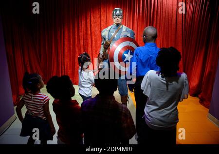 The wax figure of Captain America, portrayed by Chris Evans in the 2011 movie Captain America: The First Avenger is unveil at Madame Tussauds , June 9, 2015 in Washington, DC, USA. The wax figure will be on display on the National Mall for Independance Day. Photo by Olivier Douliery/ABACAPRESS.COM Stock Photo