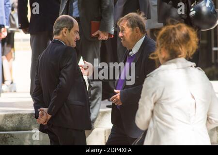 Pierre Lescure, Guy Roux assistant aux funérailles d'Emmanuel Limido à l'église Saint-Honoré d'Eylau à Paris, France, le 8 juin 2015. Photo par Axel Renaud/ABACAPRESS.COM Banque D'Images