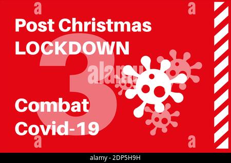 Post Christmas Lockdown 3 pour combattre le vecteur COVID-19 Illustration on un arrière-plan rouge avec des logos de virus Illustration de Vecteur