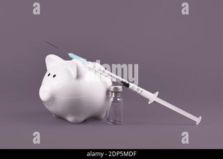 La vaccination contre le virus Corona coûte concept avec une seringue, un flacon de vaccin et une banque de porc sur fond gris Banque D'Images