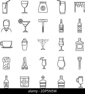 Jeu d'icônes barman, style de contour Illustration de Vecteur
