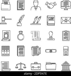 Jeu d'icônes de notaire légal, style de contour Illustration de Vecteur