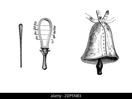Instruments de musique égyptiens anciens : sistrum ou kemkem et une cloche. Le s wenistrum se compose d'un cadre en métal avec des tiges en métal pour produire un bruit de cliquetis secoué Banque D'Images