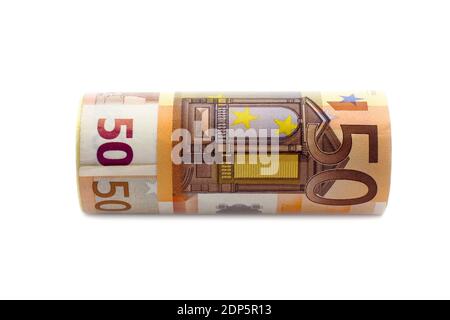 Les coupures monétaires bénéficient de 50 euros sur fond blanc Banque D'Images