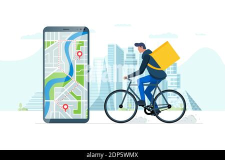 Concept d'application de service rapide de commande de livraison de vélos.Smartphone avec géolocalisation gps sur la rue de la ville et transporteur écologique express d'expédition de nourriture avec sac à dos.Vecteur d'application en ligne eps Illustration de Vecteur