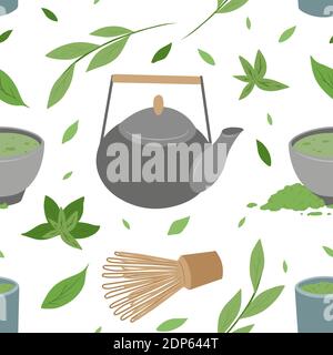 Thé vert japonais matcha sans coutures. Théière d'argile, une tasse de thé et avec des feuilles vertes. Cérémonie du thé oriental. Texture vectorielle pour tissus, wallpa Illustration de Vecteur