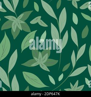 Motif sans couture avec feuilles et branches vertes simples sur fond vert. Fond naturel de plantes. Thé vert et menthe. Texte vectoriel tracé à la main Illustration de Vecteur