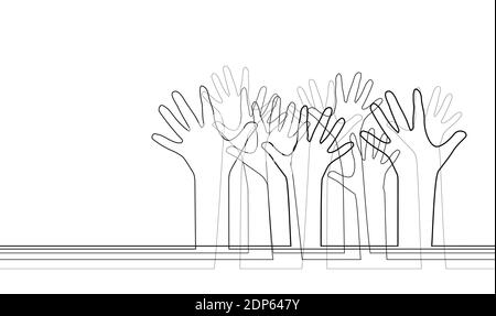 Bras étirés vers le haut. Illustration du contour de différentes mains. Société et communauté de personnes différentes. Vote démocratique. Modèle de contour vectoriel pour Illustration de Vecteur