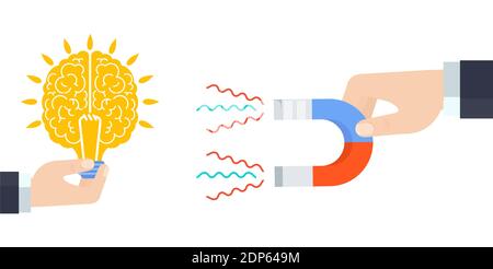 La main tient l'aimant, la main tient le cerveau. Attire le cerveau, la connaissance. Échange. Illustration de Vecteur
