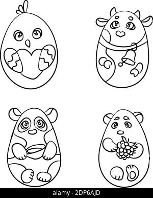 Page de coloriage ensemble de 4 animaux mignons en forme d'oeuf de Pâques. Il y a une vache, un poulet, un panda mignon et un ours blanc Illustration de Vecteur