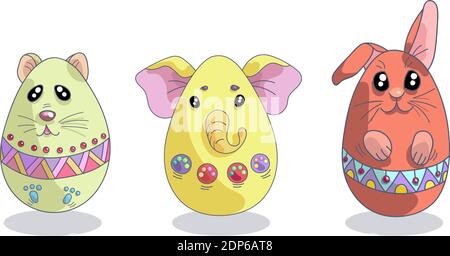 Ensemble de 3 oeufs de pâques mignons dans une forme d'animaux comme le hamster, l'éléphant et un lapin Illustration de Vecteur