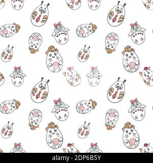 Motif sans couture avec animaux mignons en forme d'œufs de Pâques dans des tons clairs pastel et blancs conceptuels. Animaux mignons tels que chaton avec une boîte, peng Illustration de Vecteur
