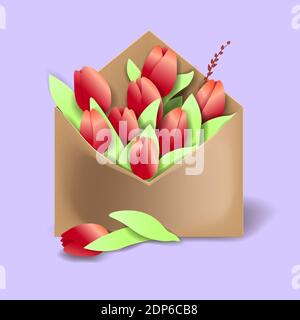 Tulipes de couleur rouge dans l'enveloppe en papier avec ressorts et une fleur couchée séparément Illustration de Vecteur