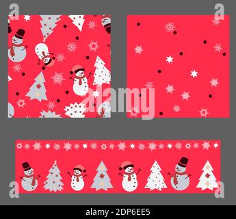 3 motifs sans couture dans un seul ensemble. Couleurs rouges vives et bonhommes de neige heureux. Beaucoup de flocons de neige et de beaux arbres de Noël Illustration de Vecteur