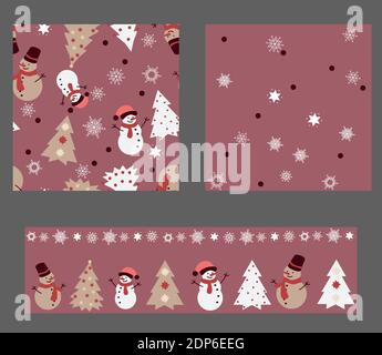 3 motifs sans couture dans 1 ensemble avec un motif à rayures. Une chose très bonne pour l'impression, le papier d'emballage et le textile avec bonhomme de neige, arbre de Noël et neige Illustration de Vecteur